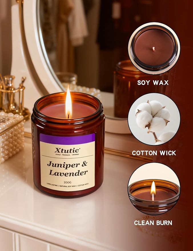 Soy Candle Gifts for Women & Men - 7oz Brown Scented Candle,50-Hour Burn Time,Aromatherapy Jar for Home Decor,Relaxing Ambiance in Bedroom & Office(Juniper Lavender)