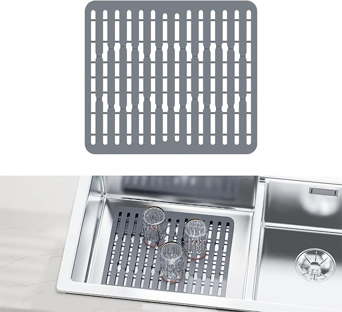 iSPECLE Expandable Dish Drying Rack with Silicone Sink Protector for Large Kitchen Sink, Rust Resistant Adjustable Dish Drainer with Tightening Knob, 12.8" W x 15.8"-20.7" L, Black