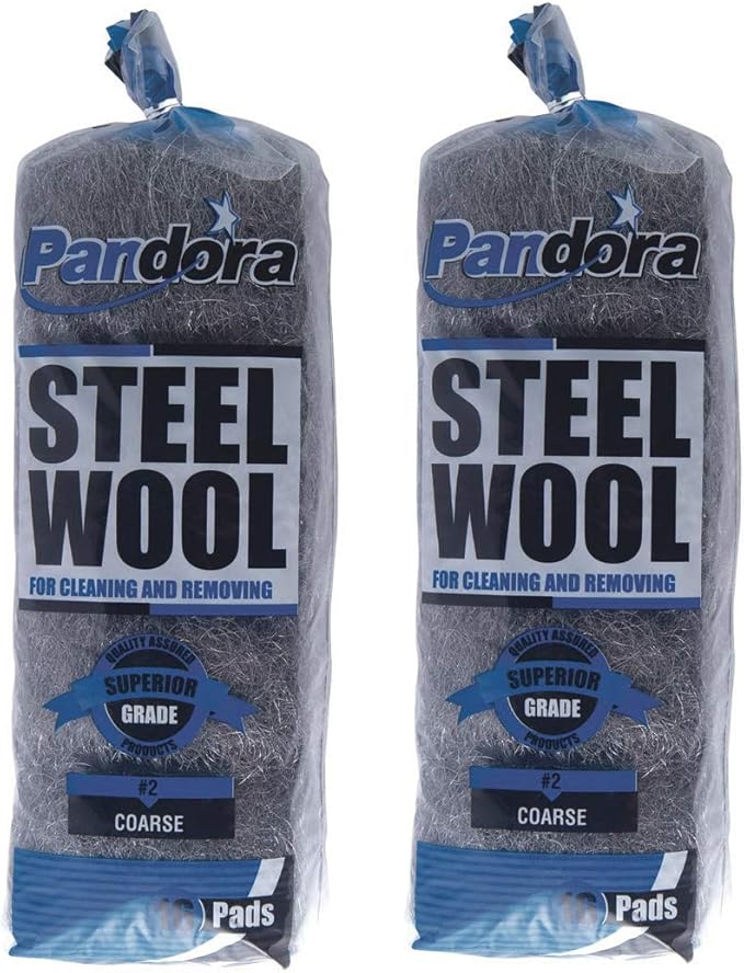 Pandora Steel Wool #2 – Coarse Grade, 32 Pads for Cleaning and Removing - Metal Strands - Ideal to Remove Floor Scuff Marks and Old Wax