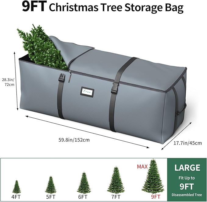Christmas Tree Storage Bag, Fits Up to 9 Ft Artificial Christmas Tree with Buckle Straps & Dual Zippers & Handles, 600D PVC Durable Waterproof Material Protects from Dust (Grey)
