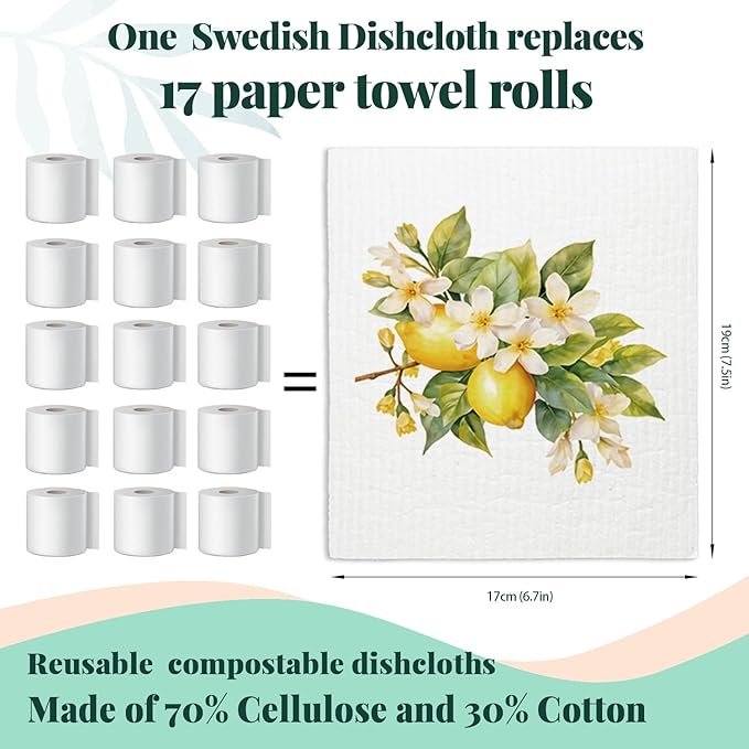 LARTSFRO Swedish Dishcloths for Kitchen, Papaya Reusable Paper Towels Washable, Summer Lemon Swedish DishCloths for Friut, 4 Pack Dish Towels for Kitchen, No Odor Cleaning Cloths