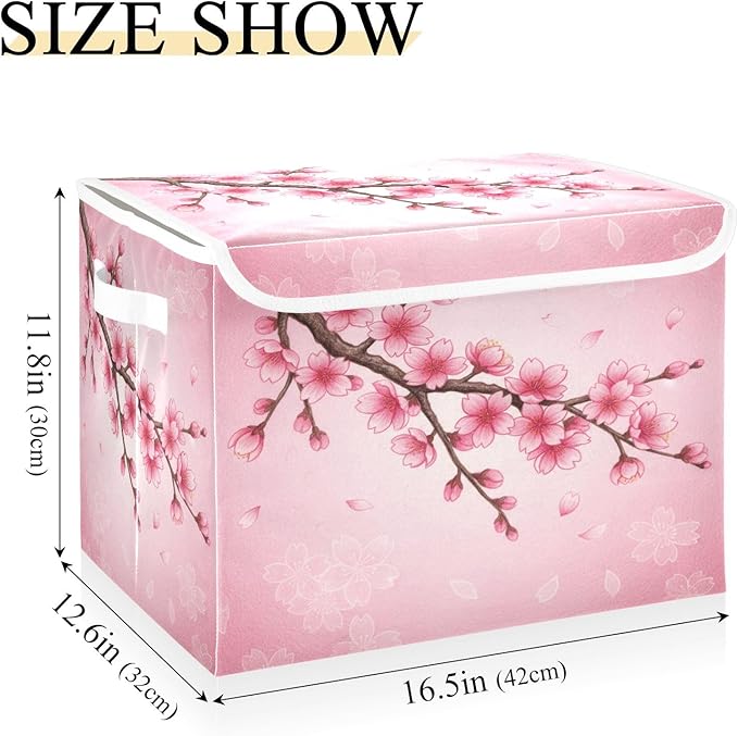 Bolaz Spring Cherry Blossom Background Storage Bins with Lids and Handles, Foldable Storage Box Storage Basket with Cover Collapsible Organizer Containers for Home Closet, Shelves