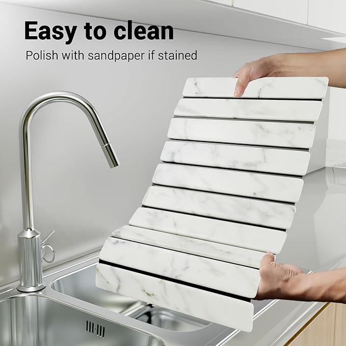 Hycrest HavenMat – Large Stone Dish Drying Mat (24”x16”) with Bamboo Rack & Brush | Quick-Dry Diatomite Counter Mat for Dishes, Glassware, Plants & Pets | Grey Kitchen Drying Stone (Marble)