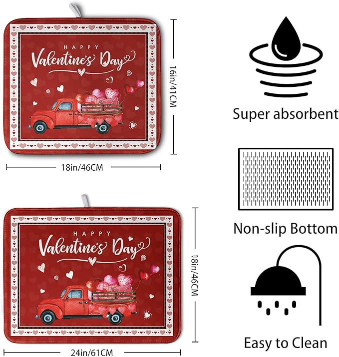 Kwlegh Valentine Red Truck Love Heart Dish Drying Mat 16x18 Inch Happy Valentine's Day Drying Mat for Kitchen Counter Microfiber Dish Drainer Mats Absorbent Dish Rack Pad for Home Coffee Bar Sinks