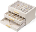 Vlando Jewelry Box for Women Girls,Jewelry Organzier,3 Drawers,Glass Lid Jewelry Organizer Storage for Gem Diamond Necklaces Rings Earrings Bracelets White