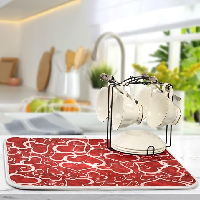 Red Pink Love Heart Dish Drying Mat for Kitchen Happy Valentine's Day Microfiber Drying Mats Absorbent Reversible Dish Pad Medium Dish Draining Mat 16x18 inch