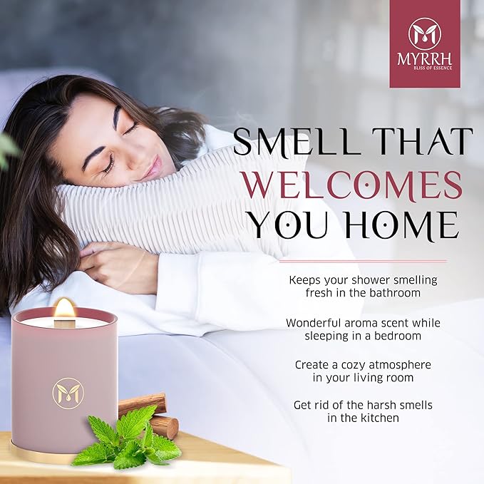 MyrrhUSA Sandalwood Patchouli Scented Candle – 15 oz Natural Soy Wax with Crackling Wooden Wick & Essential Oils, 80 Hour Burn, Luxury Aromatherapy Candle for Relaxation, Home Décor & Gift Purpose
