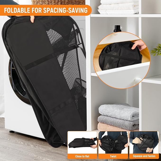 Collapsible Laundry Baskets with 3 Compartment, 150L Tear-proof Pop Up Hamper, Foldable Laundry Basket with Tote Handles, Dirty Clothes Hamper for Laundry, Bedroom, Bathroom, Dorm Black