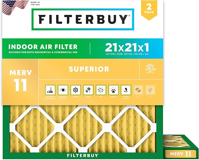 Filterbuy 21x21x1 Air Filter MERV 11 Superior Pet & Allergy Defense (2-Pack), Electrostatic Pleated HVAC AC Furnace Filters Replacement, Made in USA (Actual Size: 20.88 x 20.88 x 0.75)
