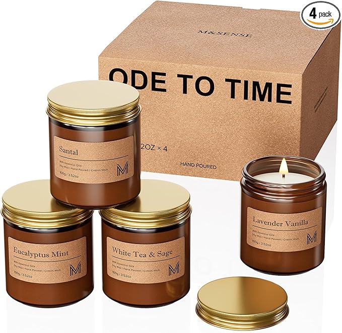 M&SENSE 4 Pack Christmas Candle Gift Set, Aromatherapy Candle Gift for Men and Women, Soy Wax Candles Home Scented, Long Lasting Amber Jar Xmas Candles for Christmas, Thanksgiving, Holiday