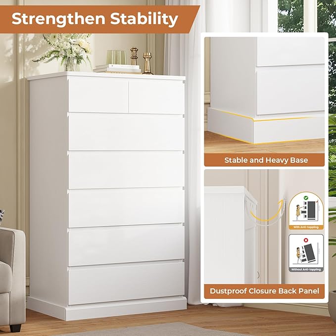 DICTAC White Tall Dresser for Bedroom with 7 Drawers, 51.8" Tall Dressers & Chests of Drawers, Modern Wood Closet Organizer and Storage Cabinet, Large Vertical Dresser for Bedroom, Closet, Hallway