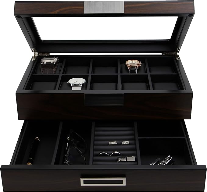 Decorebay Executive Wooden Watch Box Valet Box Sunglasses and Jewelry Box Storage Organizer (Sweetheart) (Brown)