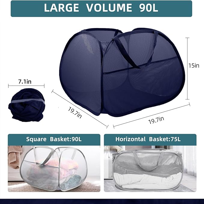 Collapsible Laundry Baskets, 90L Large Foldable Laundry Basket, Durable Mesh Pop Up Hampers for Laundry, Dirty Clothes Laundry Hamper for Bedroom, Bathroom, Dorm, Laundry Room, Travel or Camping Navy