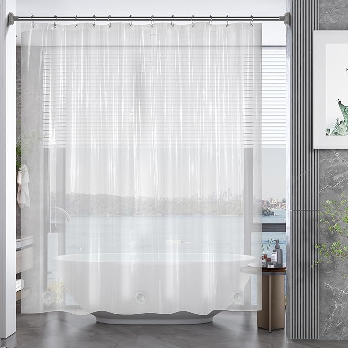 AmazerBath Plastic Shower Curtain, 70 x 72 Inches PEVA Heavy Duty Clear Shower Curtain, Waterproof Heavy Weight Thick Bathroom Curtain with 3 Big Clear Weighted Stones and 12 Rustproof Grommets