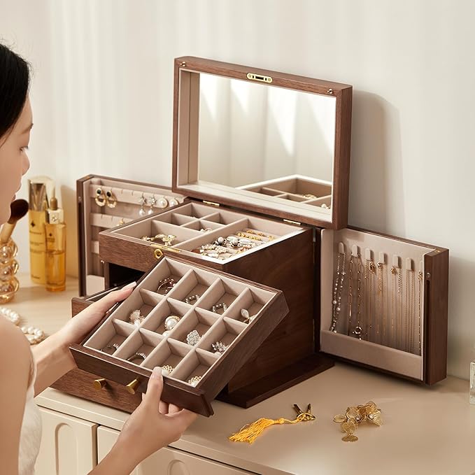 Black Walnut Wooden Jewelry Box, Wood Jewelry Organizer with 2 Side Doors Mirror Lockable Classical Style for Watch Necklace Ring Earring Storage Valentine's Day Gifts-4 Layer