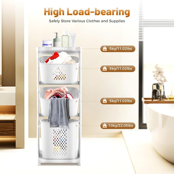 3 Tier Rolling Laundry Basket Vertical laundry hamper Sorter Cart with Wheels and Breaks Bathrooms Clothes Hamper 3 Section laundry organizer for Kitchens, Bedrooms, Laundry Rooms