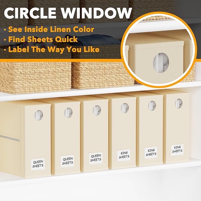 SpaceAid 6 Pack Bed Sheet Organizers and Storage, Foldable Sheet Organizer with Window for Linen Closet, Set Folder Keeper for Queen & King Size Bedding Storage (Beige)