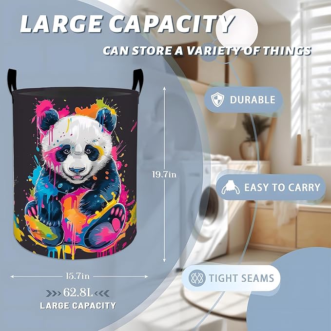 Colorful Graffiti Panda Splash Laundry Basket with Handles, 19.7"x15.7" Clothes Foldable Laundry Hamper Organizer for Dorm Nursery Bedroom Bathroom Decor, Toy Storage Bin for Kids