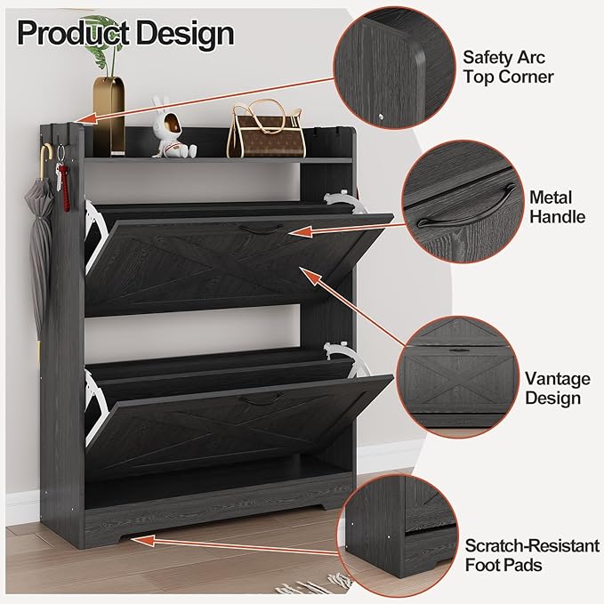 Shoe Cabinet with 2 Flip Drawers & Adjustable Shelf,Wood Shoe Organizer,Freestanding Hidden Shoe Storage Cabinet for Entryway,Hallway (Black)