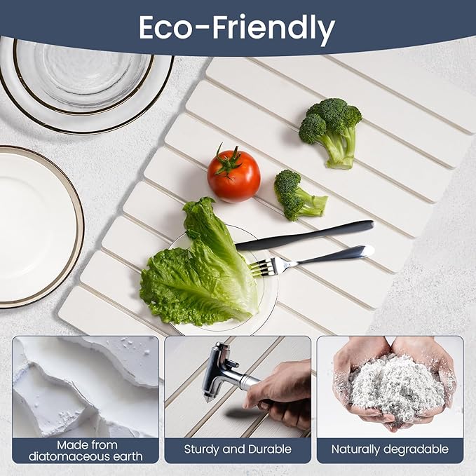 Meowoo Stone Drying Mat for Kitchen Counter, 23.6"x15.3" Foldable Diatomaceous Earth Mat, Super Absorbent, Quick-Dry Bath & Kitchen Pad for Dishes, Cups, Bottles, Non-Slip, Fits Any Countertop - White