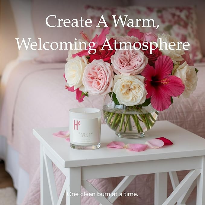 English Rose Single Wick Soy Candles, Luxury Scented Candles for Home - Up to 60 Hour Burn Time, Cruelty-Free Soy Wax Blend - Floral Rose & Jasmine Fragrance (9 oz)
