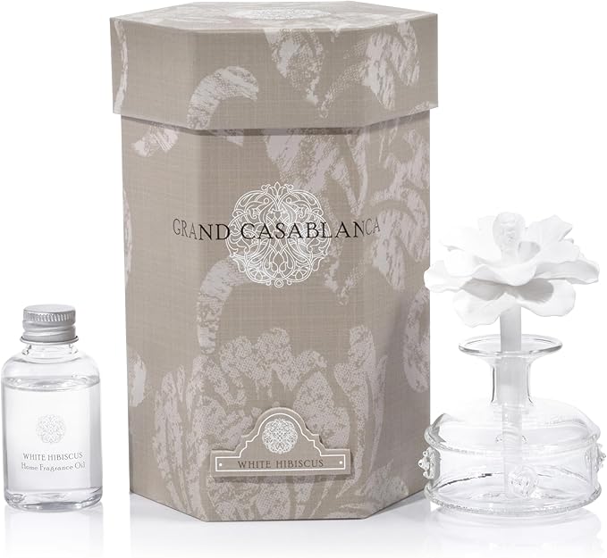 Zodax Grand Casablanca Porcelain Oil Diffuser - Home Fragrance Oil Diffuser Ideal for Living Room, Bathroom, Office - Flower Design - Gift Box Packaging Included - White Hibiscus - 1.69 Oz.