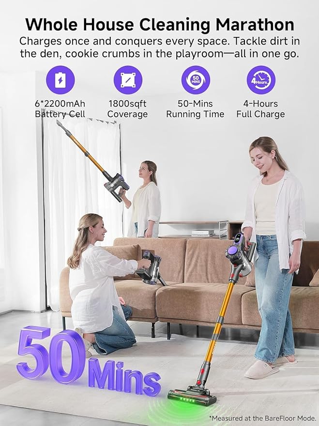 MONSGA Cordless Vacuum Cleaner, 45KPa 400W Stick Vacuum for Home, 50Mins Anti-Tangled Vacuum Cleaner with Charging Dock, Light-Weighted Handheld Vacuum for Pet Hair/Carpet/Floor (Gold&Purple)