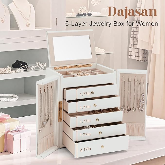 Dajasan Large Jewelry Organizer Box, Jewelry Boxes for Women Girls, 6-Tier Jewelry Storage Organizer with Mirror for Necklace Ring Bracelet Watch, Gift Idea (White)