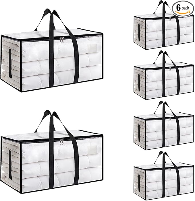 6 Pack-Extra Large Heavy Duty Moving Bags - Waterproof Storage Totes with Handles & Zippers, Foldable for College Dorm, Storage (Clear)
