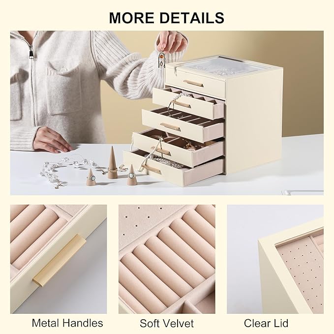 Frebeauty Clear Lid Jewelry Box,5-Layer Jewelry Organizer with Drawer,PU Leather Jewelry Organizers and Storage,Jewelry Boxes for Women,Jewelry Storage for Rings Earring Stud,Gift for Women(Beige)
