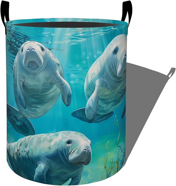 Gentle Manatees Swimming Underwater Laundry Basket with Handles, 19.7"x15.7" Clothes Foldable Laundry Hamper Organizer for Dorm Nursery Bedroom Bathroom Decor, Toy Storage Bin for Kids