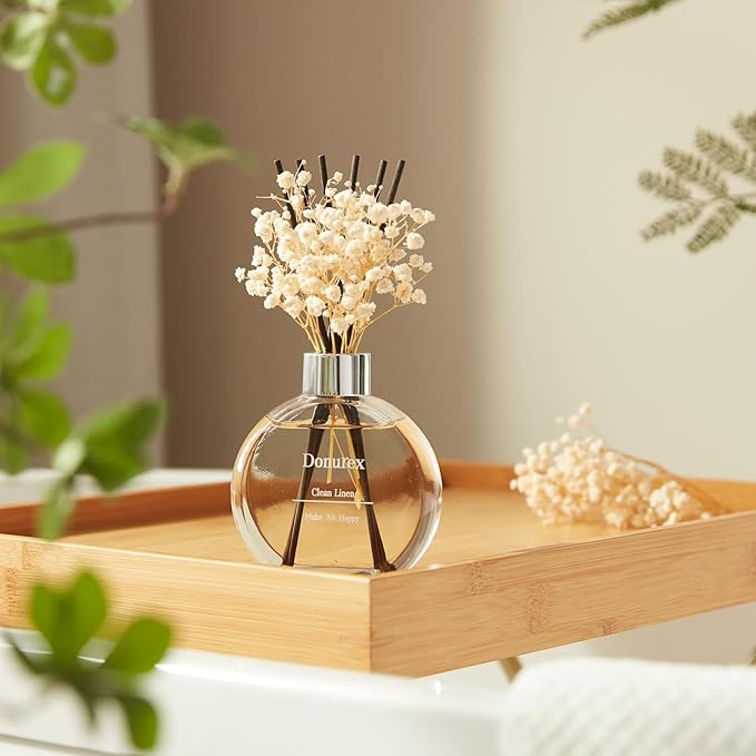 Flower Reed Diffuser Set 5.07oz Clean Linen Scent Diffuser with Sticks Home Fragrance Reed Diffuser for Bathroom Shelf Decor