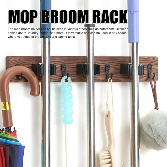 2Pcs Broom Holder, 15.7 X 2.2in Wall Mounted Mop and Broom Hanger, Garage Storage Rack with 3 Positions and 4 Hooks for Bathroom Laundry Room