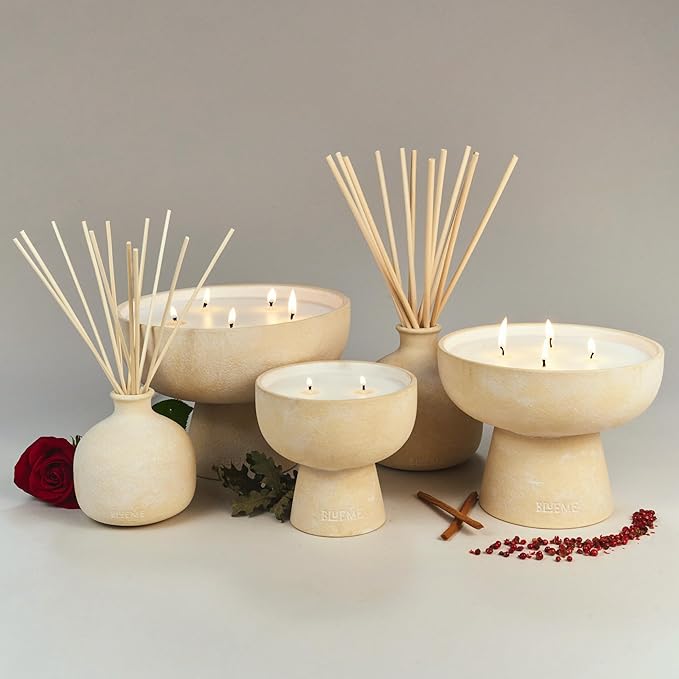 Blueme Romance Candle | Oakmoss & Sandalwood | 2 Wick - Refillable Wellness Candle with Essential Oils, Hand Finished & Poured Soy Wax Blend Ceramic Vessel, Natural Cotton Wicks | Medium 12 oz