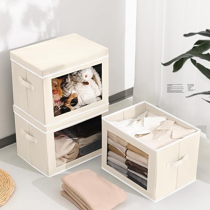 Large Storage Bins with Lids - Fabric Storage Cubes with Window, Collapsible Bins for Clothes, 15.7 Inch Large Baskets for Bedroom, Dorm, Office, Beige, 6 Pack