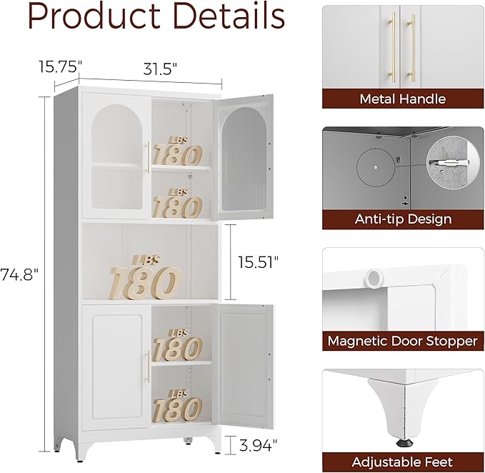 75" Tall Kitchen Pantry Cabinet, Metal Storage Cabinets with Acrylic Doors and Adjustable Shelves, Hutch Cabinet with Storage, White Microwave Stand Cabinets for Dining Living Room