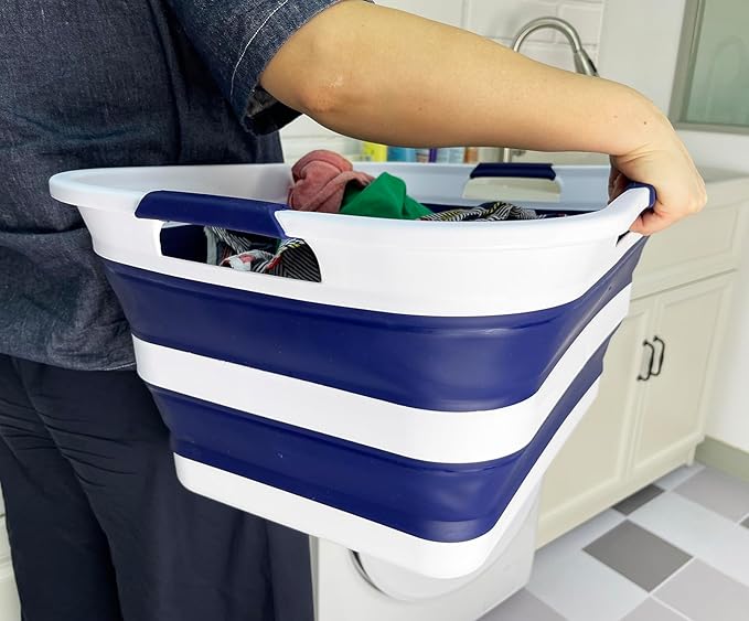 SAMMART 42 (11 Gallons) Collapsible Plastic Laundry Basket, Foldable Pop Up Storage Container/Organizer, Space Saving Hamper, Portable Bin for Dorm Room Bathroom (2, White/Starry Blue)