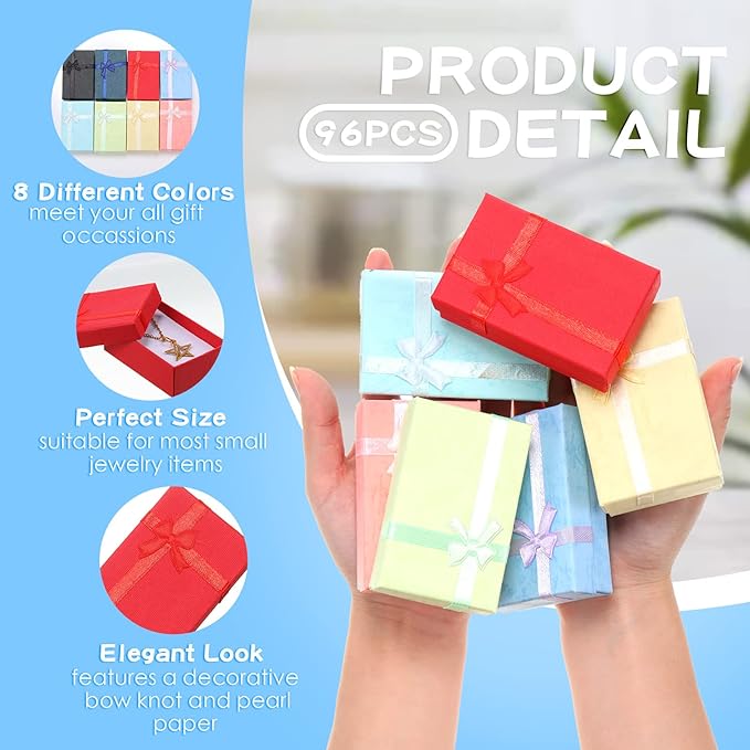 Batiyeer Jewelry Gift Boxes Set Empty Small Gift Cardboard Boxes for Jewelry Packaging with Ribbon Bowknot for Anniversaries Weddings Birthday, 8 Colors(96 Pcs)