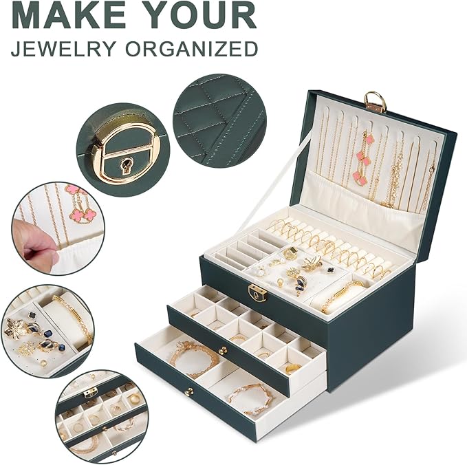 GUOER Jewelry Box for Women Girl Wife 3 Layers Large PU Leather Jewelry Organizer Storage Case with Two drawers Display for Earrings Bracelets Rings Watches (Hunter Green)