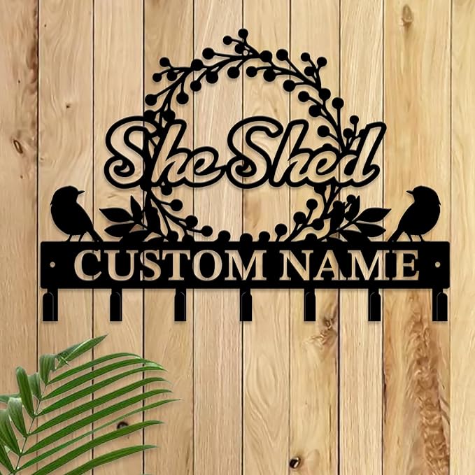 Personalized She Shed Metal Keys Hooks,Custom Name Metal She Shed Keys Hooks,Black Metal She Shed Wall Home Storage Decorative Keys Hooks,Key Holder Hooks for Wall (Style D)