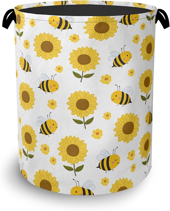 Cute Bee Laundry Basket,SunFlower Foldable with Handles Tote Bag Oxford Cloth for Bathroom Bedroom Dirty Clothes Storage Bucket 16" x 20.8"