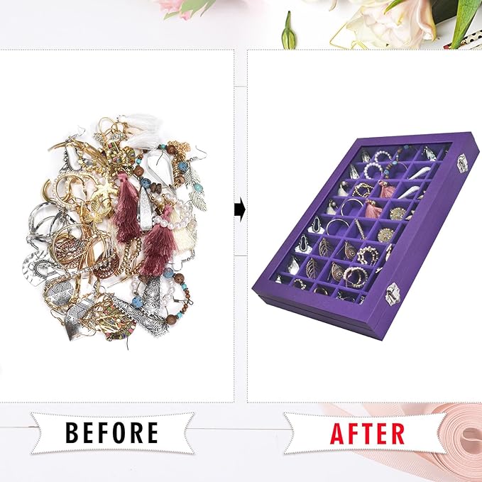 Jewelry Tray Organizer Box 40 Grid Jewelry Display Organizer Box with Transparent Lid Rings Earrings Necklaces Pendants Display Box Suitable for Women and Girls (40 Grid, Purple)