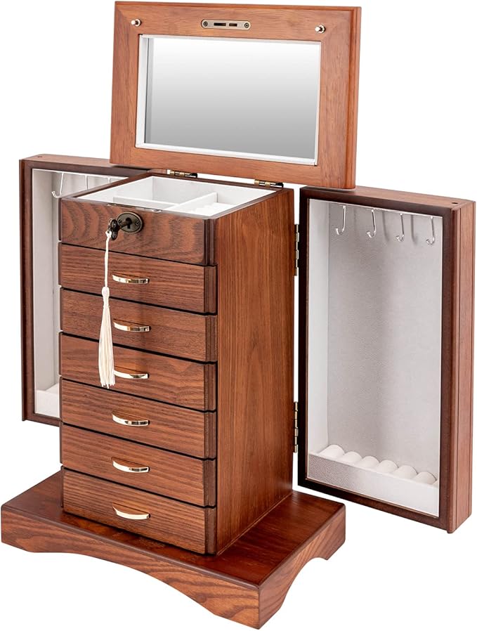 Jewelry Box for Women with Mirror, 7 Layers Jewelry Organizer 5 Drawers Jewelry Case with Side Organizer for Watches Necklace Ring Storage (Walnut)