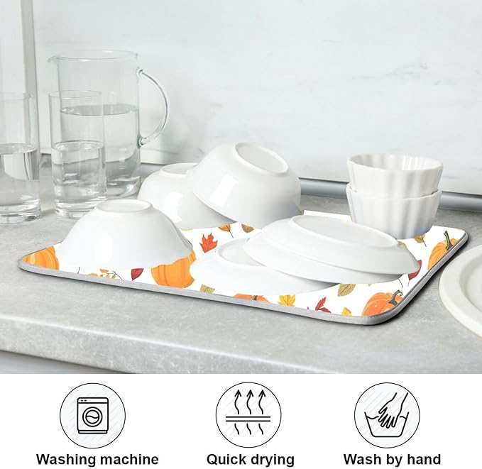 Fall Pumpkin Pattern Dish Drying Mat for Kitchen Countertop 18x24 Autumn Leaves Thanksgiving Day Large Drying Mat Reusable Quick Dry Dish Sink Mats Easy Clean Decorative Essentials