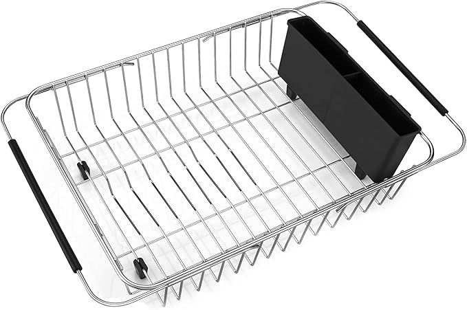 iPEGTOP Expandable Dish Drying Rack, Over The Sink Dish Rack, in Sink Or On Counter Dish Drainer with Black Utensil Holder Cutlery Tray, Rustproof Stainless Steel for Kitchen