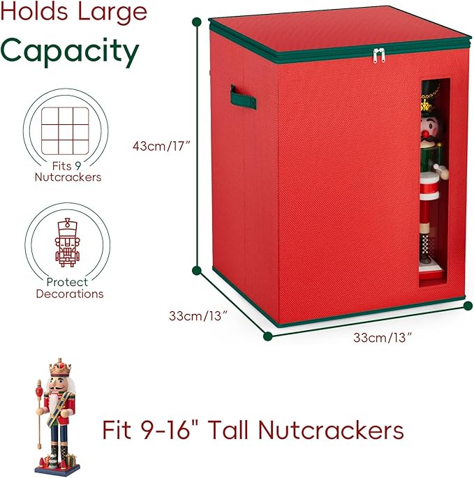 VERONLY Christmas Nutcracker and Figurine Storage Box, Holds 9-16" Tall Nutcracker Ornaments, Foldable Holiday Decoration Organizer with Removable Dividers & View Window (Nutcracker Not Included)