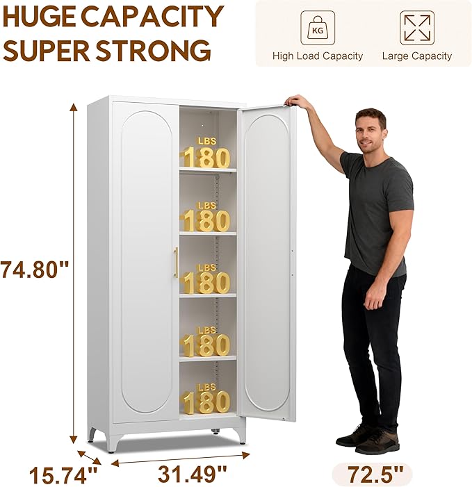 75" Tall Pantry Storage Cabinet, Tall Kitchen Pantry Storage Cabinet with Doors and 4 Adjustable Shelves, Freestanding Cupboard for Kitchen, Dining Room, Living Room, Bathroom, White