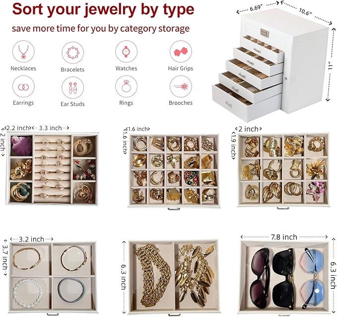 BOOVO Jewelry Box For women, 6 Layer Large Jewelry Organizer With Mirror, Multi-Function Storage Box With Lock, Necklace Holder With 5 Drawers, For Earrings Necklace Bracelet (Silver and White)