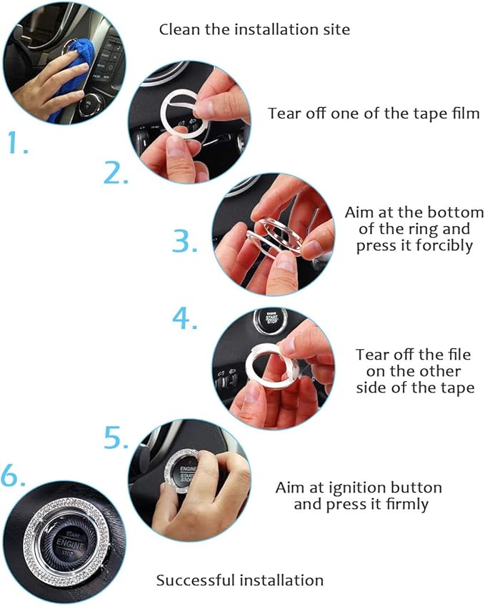 ToBeQueen Push to Start Button Cover 4Pcs Auto Engine Start Stop Bling Car Decor for Women Girl Diamond Rhinestone Rings Stickers, Bedazzled Accessories