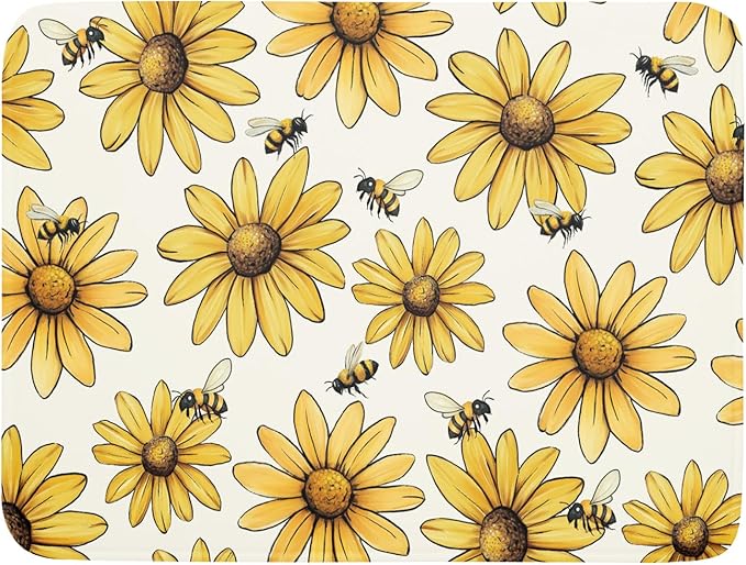 ABSOP Spring Summer Sunflower Bee Dish Drying Mat of Kitchen Counter 18×24 Inch Floral Drainer Pad Flower Dish Rack Pad Drainer Mat Washable Absorbent Reversible Microfiber for Coffee Bar